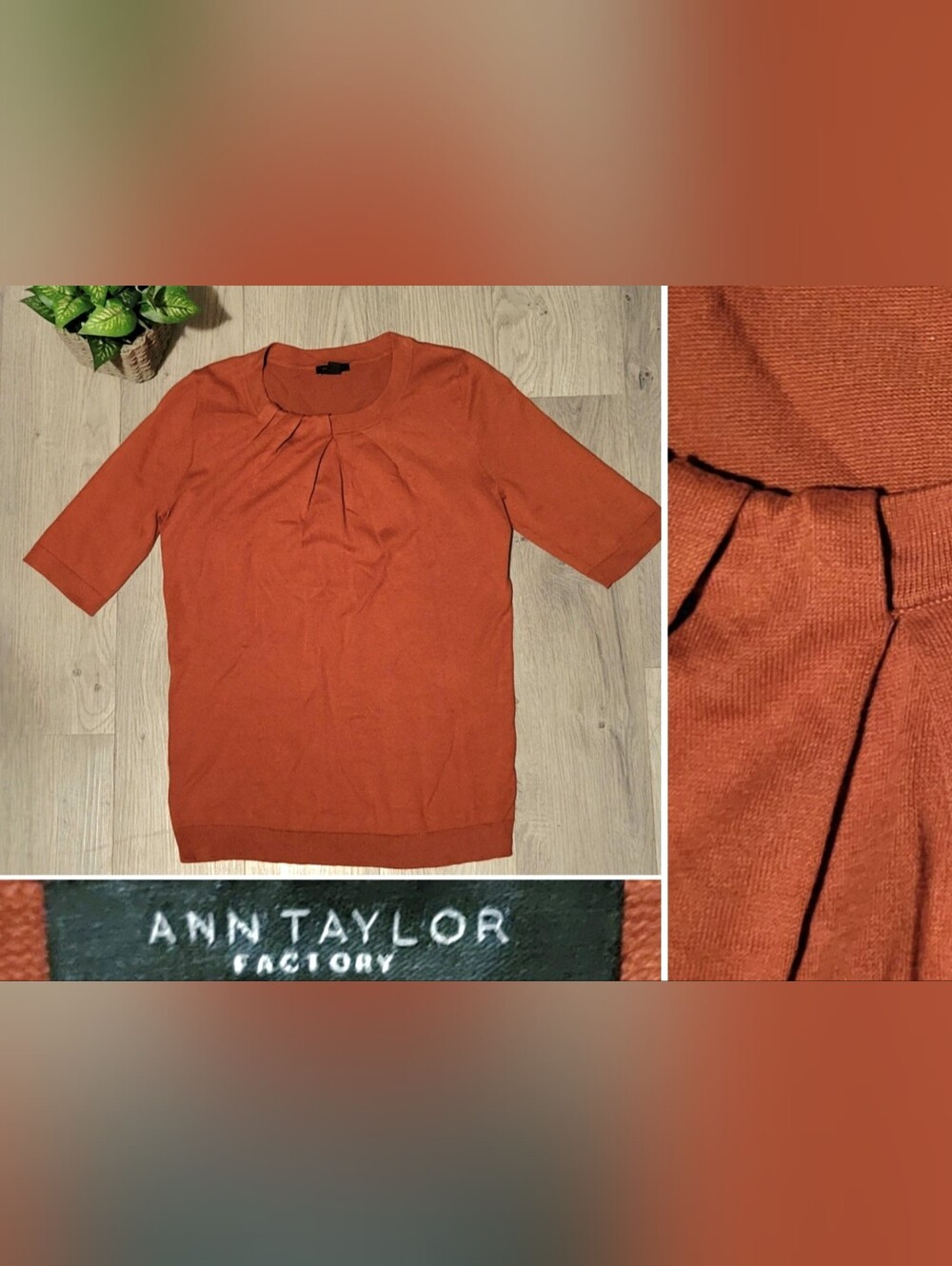 Ann Taylor Factory Burnt Orange Pleated Neckline Elbow Sleeve Knit Blouse, XS
